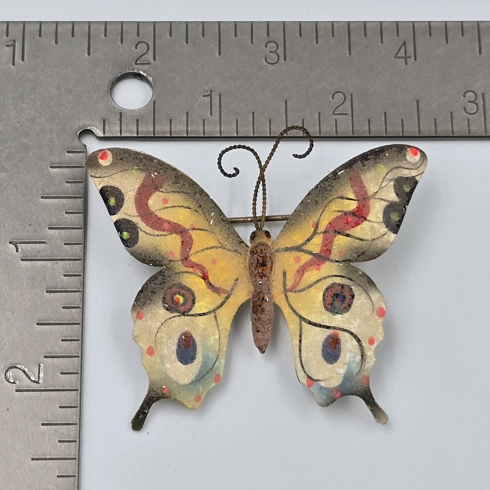 Vintage Sugar Frosted Enamel Butterfly Brooch Pin Gold Tone Korea Signed Flocked - Picture 9 of 9